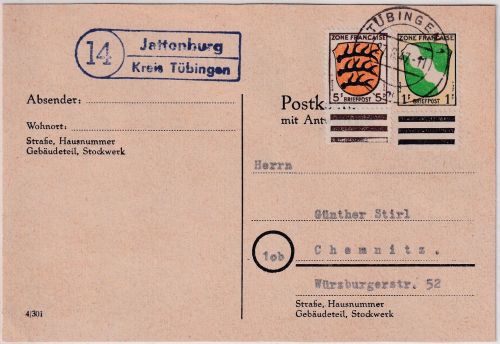 FZ/Allg. - (14) Jettenburg ü. Tübingen 5+1 Pfg. Wappen Karte n. Chemnitz 1947
