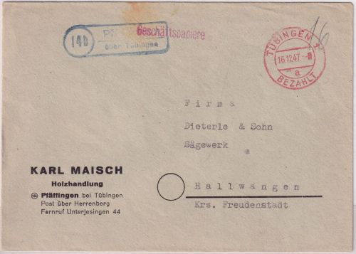 FZ/Württ. - (14b) Pfäffingen ü. Tübingen Landpost-Ra2 Geschäftspapiere 1947