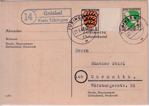 FZ/Allg. - (14) Gniebel ü. Tübingen 5+1 Pfg. Wappen Karte n. Chemnitz 1947