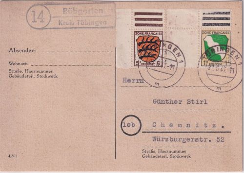 FZ/Allg. - (14) Rübgarten ü. Tübingen 5+1 Pfg. Wappen Karte n. Chemnitz 1947