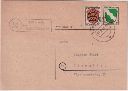 FZ/Allg. - (14) Häslach ü. Tübingen 5+1 Pfg. Wappen Karte n. Chemnitz 1947