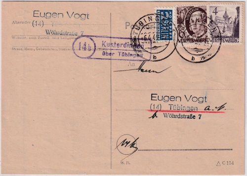 FZ/Württ. - (14) Kusterdingen ü. Tübingen Landpost-Ra2 Karte n. Tübingen 1949