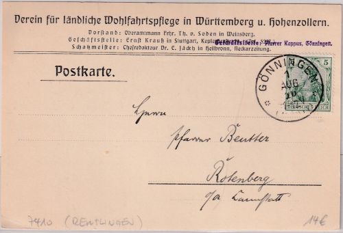 DR - Gönningen 1910 K1 5 Pfg. Germania Karte (Vordruck !) n. Rotenburg