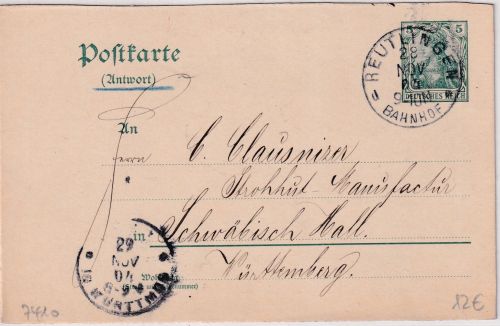 DR - Reutlingen Bahnhof 1904 K1 5 Pfg. Germania Ganzsache/Antwortteil
