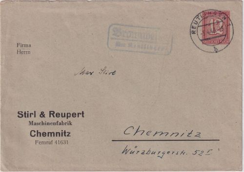 DR - 12 Pfg. Privatganzsache/Brief (Stirl&Reupert) Bronnweiler ü Reutlingen 1943