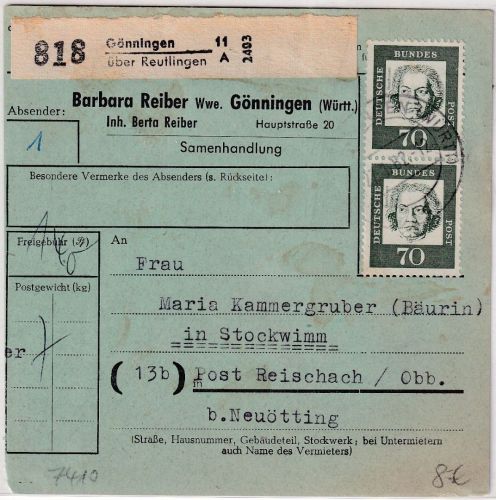 BRD - 2x70 Pfg. Bed. Deutsche Paketkarte Gönningen ü. Reutlingen 1962