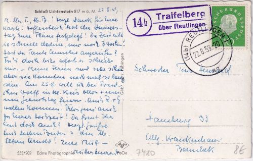 BRD - (14b) Traifelberg ü. Reutlingen Landpost-Ra2 Karte n. Hamburg 1959