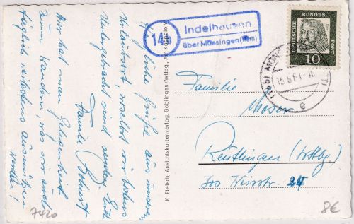 BRD - (14b) Indelhausen ü. Münsingen Landpost-Ra2 Karte n. Reutlingen 1961