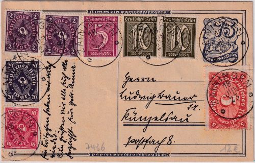 DR-Infla - 75 Pfg. Postreiter Ganzsache + Zusatz (40 M.-Tarif) Zainingen 1923