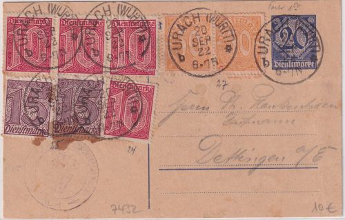DR-Infla - 20 Pfg. Dienst Ganzsache Urach - Dettingen 1922