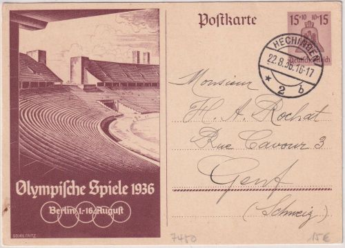 DR - 15 Pfg. Olympiade Berlin Sonderganzsache Hechingen - Genf 22.8.36