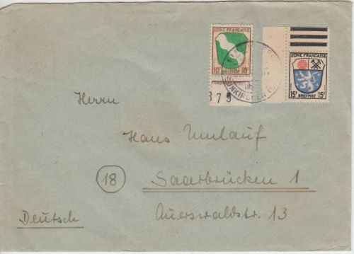 FZ/Allg. - 10 Pfg. Wappen u.a. Brief Elversberg ü. Neunkirchen - Saarbrücken 1947