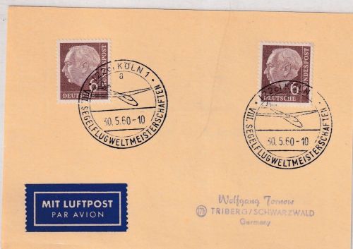 BRD - 2x6 Pfg. Heuss I Luftpostdrucksache SST Köln Segelflug-WM 1960