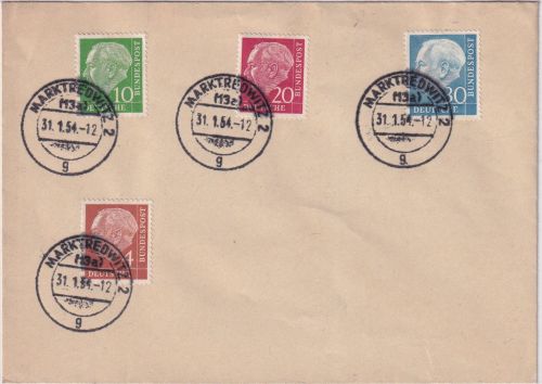 BRD - 30+20+10+4 Pfg. Heuss I Ersttagsbrief/FDC Marktheidenfeld 31.1.54