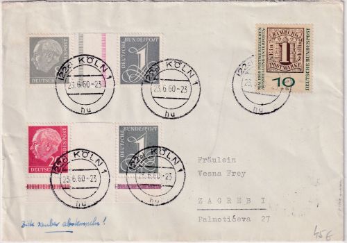 BRD - Heuss I Zusammendrucke/Zw-Steg Brief n.KROATIEN Köln - Zagreb 1960