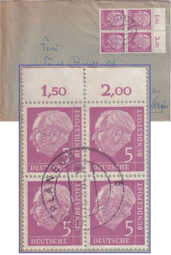 BRD - 5 Pfg. Heuss I 4er-Block/OBERRAND Brief Planegg - Grönenbach 1961