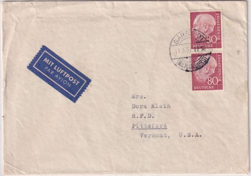 BRD - 2x80 Pfg. Heuss I Luftpostbrief bis 25g n. USA Garstedt - Pittsford 1957