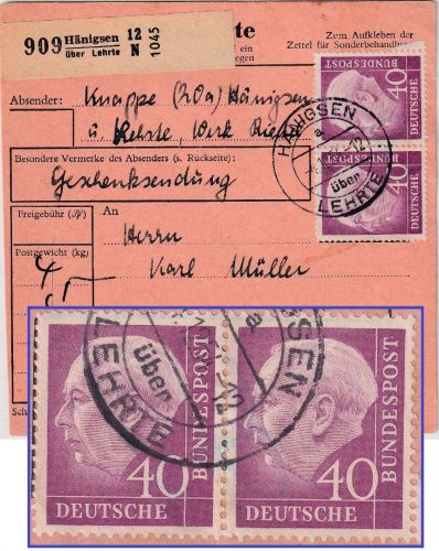 BRD - 40 Pfg. Heuss I waagr Paar Paketkarte Poststelle I Hänigsen ü. Lehrte 1954