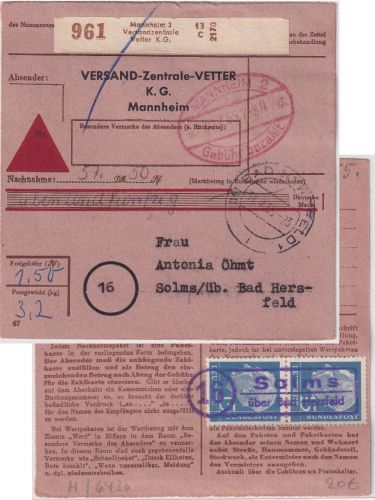 BRD - 2x15 Pfg. Heuss I Bearbeitungsgebühr Nachnahme-Paketkarte Mannheim 1955
