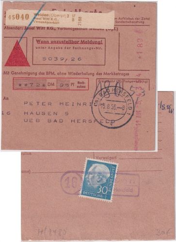 BRD 30 Pfg. Heuss I Bearbeitungsgebühr Nachnahme-Paketkarte Weiden 1955