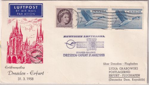 Canada - Lufthansa-Ost 1st-flight/Zuleitungspost Dresden Erfurt 31.3.58