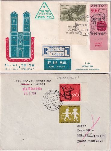 Israel/BRD - El Al 1st-flight/Tel Aviv München/München Tel Aviv 2 Belege 1958