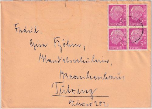 BRD - 5 Pfg. Heuss I Viererblock Brief Iffeldorf - Tutzing 1956