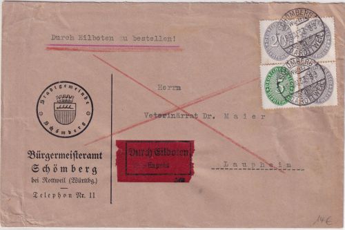DR - 3x20+5 Pfg. Strohhut Eilbrief Schömberg - Laupheim 1933