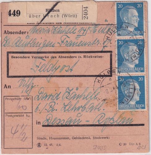 DR - 3x20 Pfg. AH Feldpostpaketkarte Hülben ü. Urach Poststelle I n. Dessau 1944