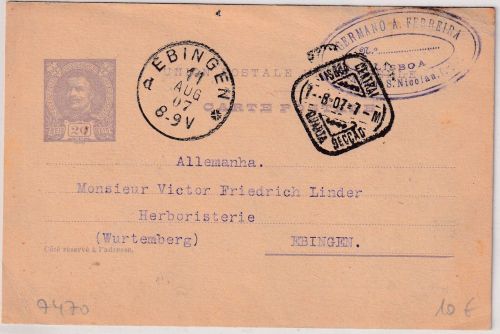 Portugal - 20 R. Ganzsache Lissabon - Ebingen 1907