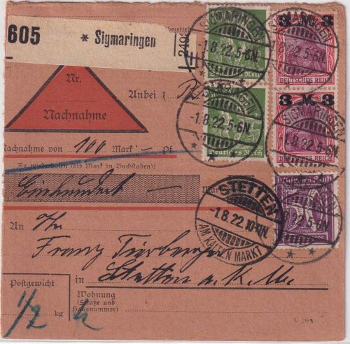 DR-Infla - 2x3 M. Germania/Überdruck u.a. Nachnahme-Paketkarte Sigmaringen 1922
