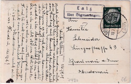 DR - Laiz ü. Sigmaringen Landpost-Ra2 Karte n. Braunau 1939