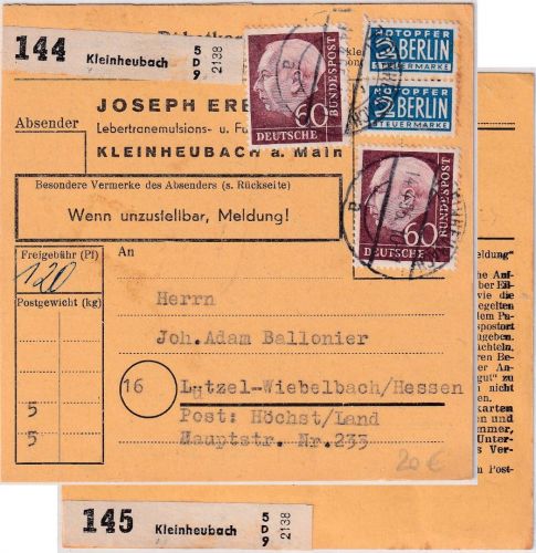 BRD - 2x60 Pfg. Heuss I + 2xNotopfer Paketkarte (2 Pkte.) Kleinheubach 1955