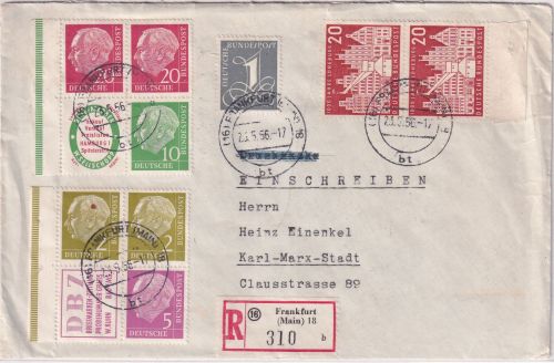 BRD - Heuss Zusammendruck ex H-Blatt 3+5 u.a. Einschreibebrief Frankfurt aM 1956