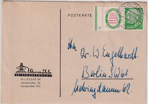 BRD - 10 Pfg. Heuss/Werbung Zusammendruck Karte Hildesheim - Berlin 1955