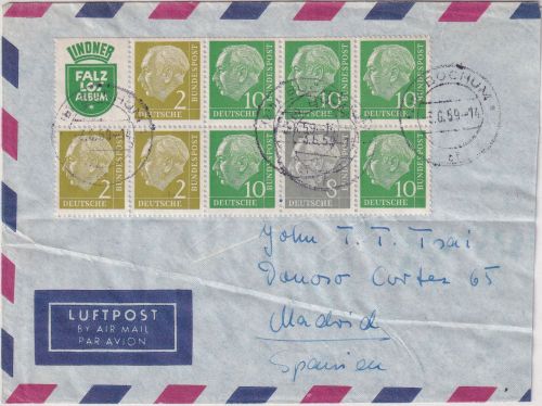 BRD - Heuss I Heftchenblatt 7 Luftpostbrief n. SPANIEN Bonn - Madrid 1959