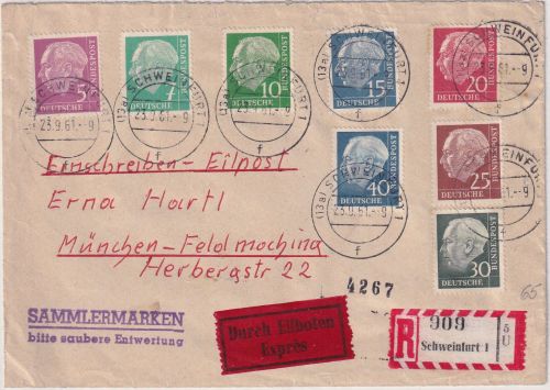 BRD - Heuss Lumogen Teilsatz Eil-Einschreibebrief Schweinfurt - München 1961