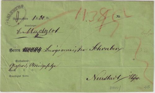 Baden - Carlsruhe K1/Sonderform Nachnahmebrief(Vds.) n. Neustadt ca. 1845