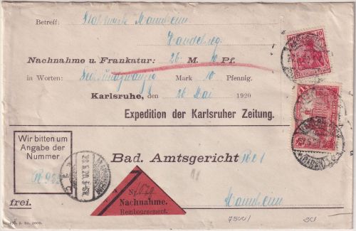 DR - 1 M. Reichspostamt u.a. Nachnahmebrief Karlsruhe - Mannheim 1920