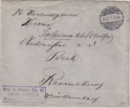 DR - Karlsruhe 1911 Frei d. Ablösung Landesarchiv Brief n. Ravensburg