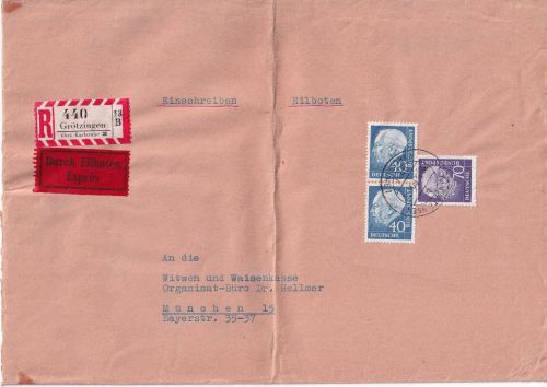 BRD - 2x40+70 Pfg. Heuss II Eil-Einschreibebrief Grötzingen ü. Karslruhe 1960