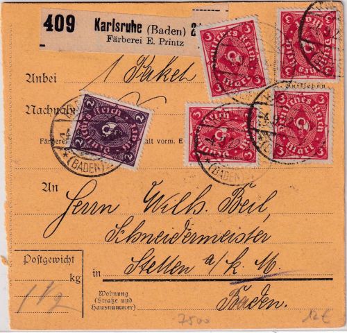 DR-Infla - 4x3+2 M. Posthorn Paketkarte (Selbstbucher) Karlsruhe Stetten 4.9.22