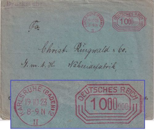 DR-Infla - Karlsruhe 19.10.23 1.000.000 M. Postfreistempel Drucksachenbrief
