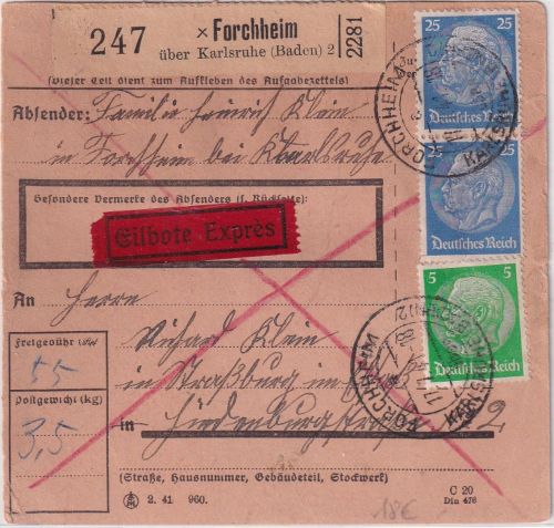 DR - 2x25+5 Pfg. Hindenburg Eilpaketkarte Postst. I Forchheim ü. Karlsruhe 1941