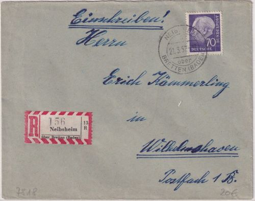 BRD - Neibsheim ü. Bretten Poststelle I Einschreibebrief n. Wilhelmshaven 1957