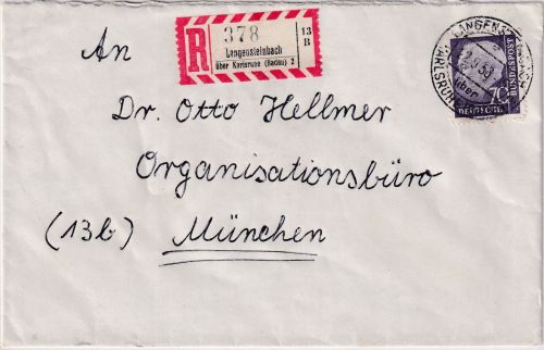 BRD - Langensteinbach ü. Karlsruhe Poststelle I Einschreibebrief n. München 1958