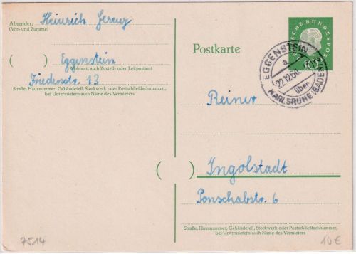 BRD - Eggenstein ü. Karlsruhe Poststelle I Ganzsache n. Ingolstadt 1960