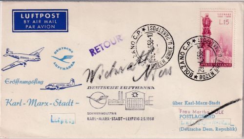 Italien Lufthansa-Ost 1st-flight/Zuleitungspost KM-Stadt - Leipzig 29.4./2.5.58