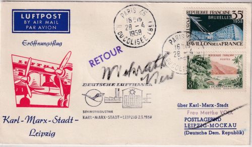 Frankreich Lufthansa-Ost 1st-flight/Zuleitungspost KM-Stadt Leipzig 28.4./2.5.58