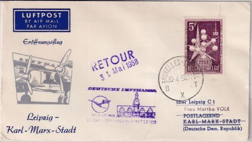 Belgien Lufthansa-Ost 1st-flight/Zuleitungspost Leipzig - KM-Stadt 30.4./2.5.58